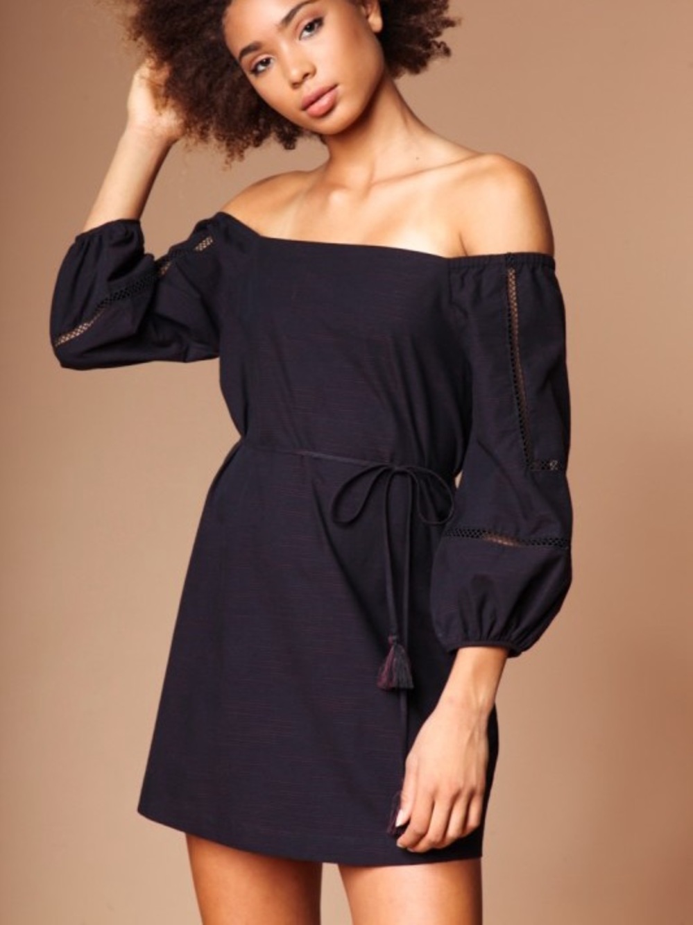 Off-Shoulder Navy Dress with Tie Waist